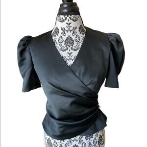 Darcy Vintage 80s Black Formal Satin Taffeta Puff Sleeves Wrap Blouse S